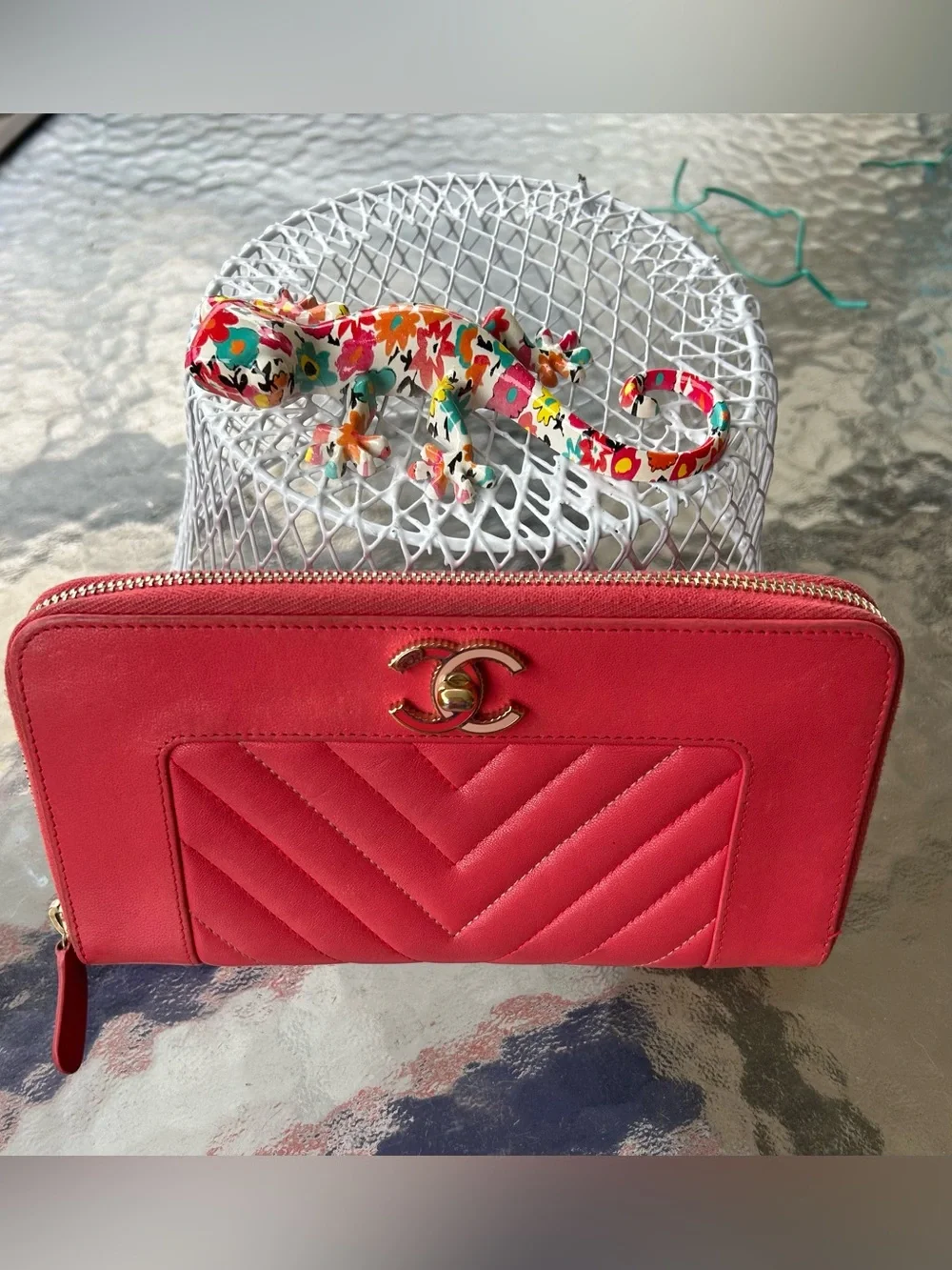 CHANEL Pink/Coral Quilted Chevron Zip Wallet